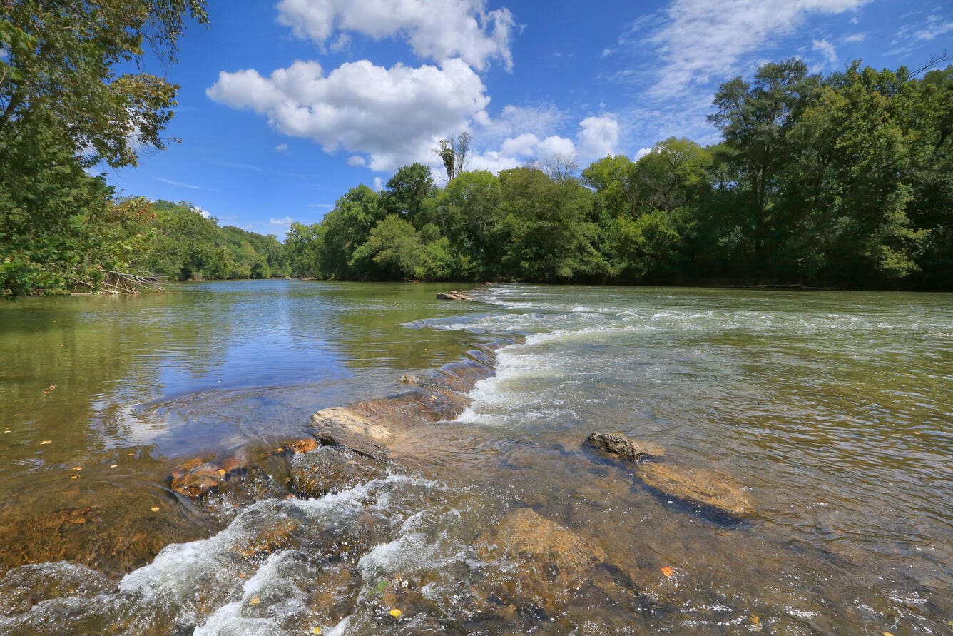 Shallow riffles on the Etowah River at golden hour.